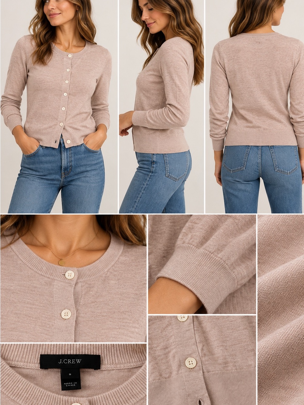 J. Crew Women's Button-Front Crewneck Cardigan in Blush Taupe